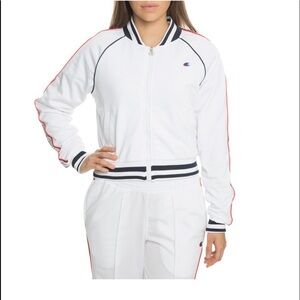 Champion Life Cropped Track Jacket White Logo Tape Sleeve Spellout Women's Sz M